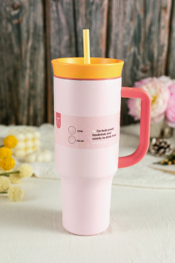 Light Pink Colorblock Handle Lid Stainless Steel Insulation Tumbler with Straw