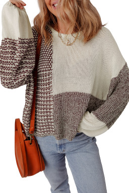 Dark Khaki Colorblock Back Tie Drop Shoulder Loose Sweater