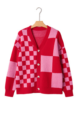 Fiery Red Colorblock Plaid Button Knit Cardigan