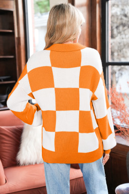 Grapefruit Orange Checkered V-Neck Collared Pullover Sweater