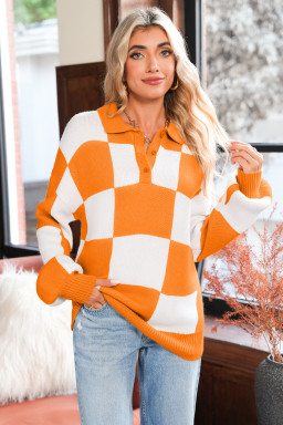 Grapefruit Orange Checkered V-Neck Collared Pullover Sweater