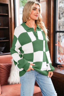 Mist Green Checkered V-Neck Collared Pullover Sweater