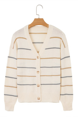 Multicolour Striped Buttoned Front V Neck Drop Shoulder Cardigan