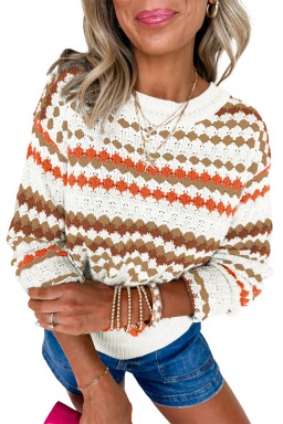 Brown Striped Eyelet Pattern Drop Shoulder Sweater
