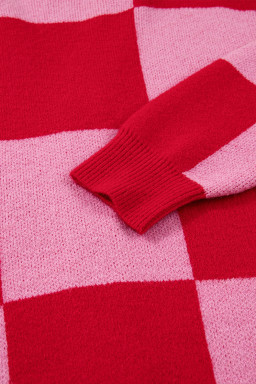 Fiery Red Colorblock Plaid Button Knit Cardigan