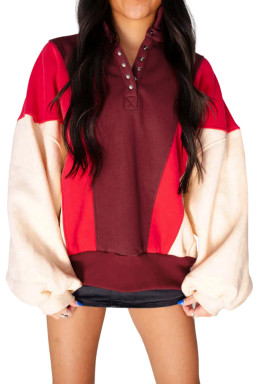 Fiery Red Color Block Patchwork Snap Button Polo Sweatshirt