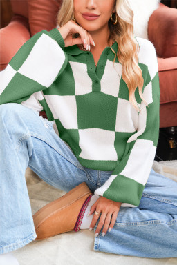 Mist Green Checkered V-Neck Collared Pullover Sweater