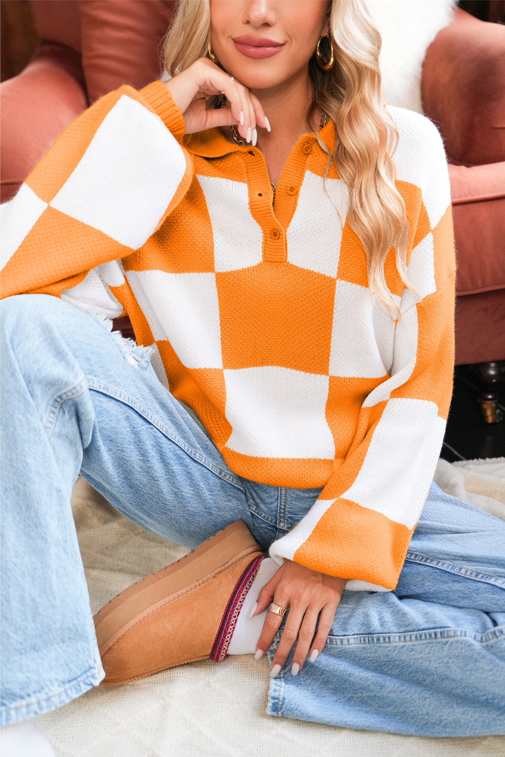 Grapefruit Orange Checkered V-Neck Collared Pullover Sweater