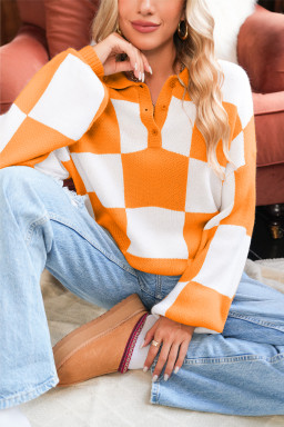 Grapefruit Orange Checkered V-Neck Collared Pullover Sweater