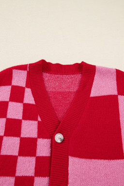 Fiery Red Colorblock Plaid Button Knit Cardigan
