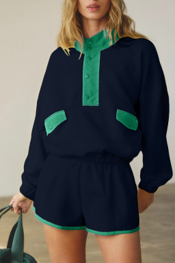 Navy Blue Colorblock Patchwork Half Button Pullover and Shorts Outfit