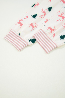 Pink Christmas Tree Reindeer Print Contrast Striped Trim Pajama Set