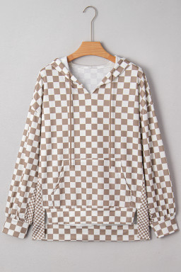 Khaki Double Checkered Patchwork Tie Neck Oversize Hoodie