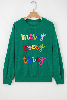 Dark Green merry everything Letter Graphic Ribbed Loose Sweatshirt