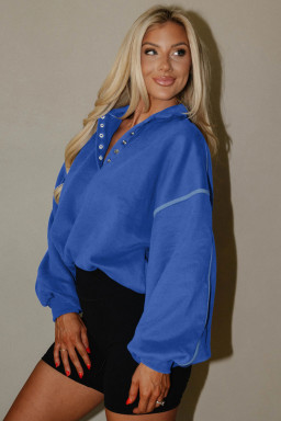 Sky Blue Button-up Collared Exposed Seam Chic Sweatshirt