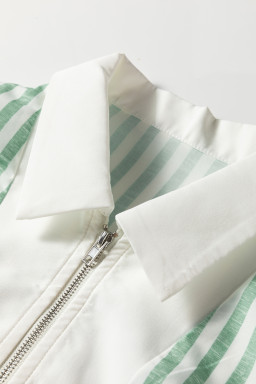 Green Striped Zipper Collar Long Sleeve Top