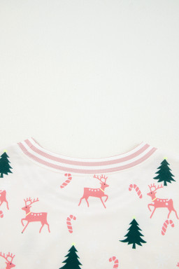 Pink Christmas Tree Reindeer Print Contrast Striped Trim Pajama Set