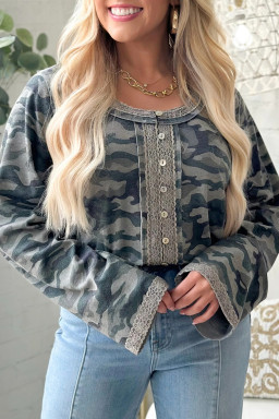 Green Camouflage Print Lace Patchwork Detail Button Long Sleeve Top