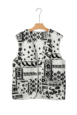 Beige Sherpa Paisley Print Pocketed Fashion Vest Jacket