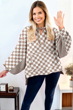 Khaki Double Checkered Patchwork Tie Neck Oversize Hoodie