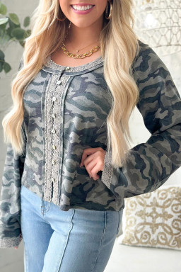 Green Camouflage Print Lace Patchwork Detail Button Long Sleeve Top