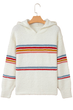 White Casual Striped Drop Sleeve Hooded Sweater