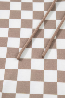 Khaki Double Checkered Patchwork Tie Neck Oversize Hoodie