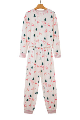 Pink Christmas Tree Reindeer Print Contrast Striped Trim Pajama Set