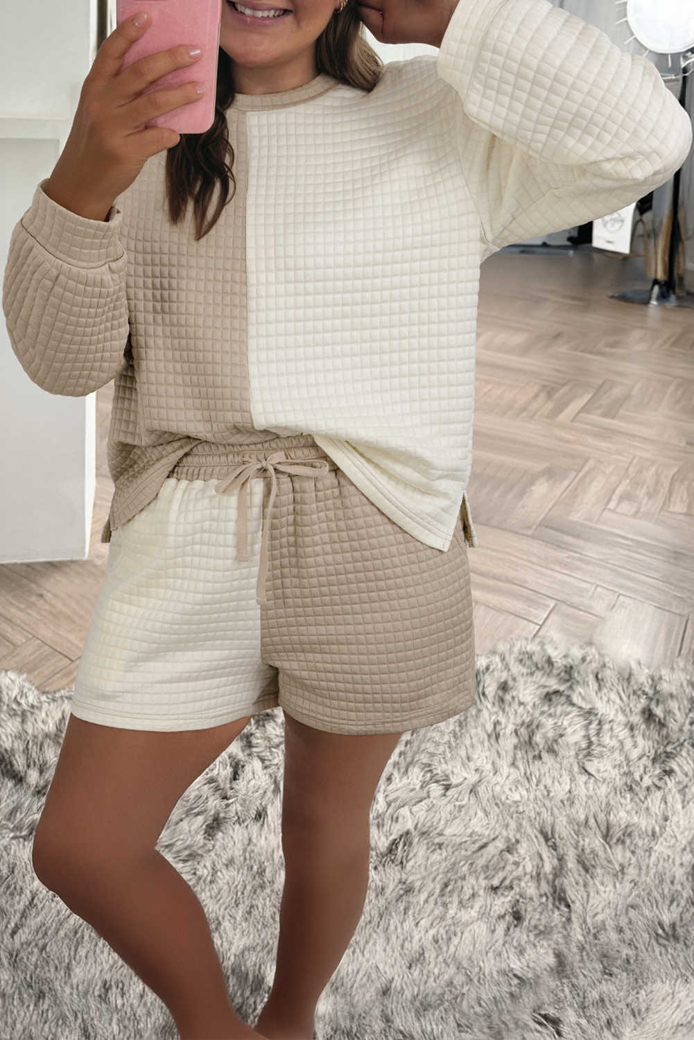 Khaki Color Block Patchwork Textured Long Sleeve Top and Shorts Set