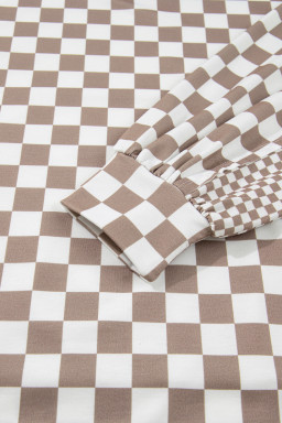 Khaki Double Checkered Patchwork Tie Neck Oversize Hoodie