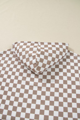 Khaki Double Checkered Patchwork Tie Neck Oversize Hoodie