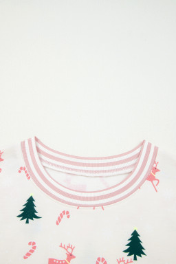 Pink Christmas Tree Reindeer Print Contrast Striped Trim Pajama Set