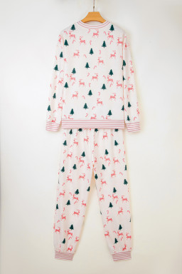 Pink Christmas Tree Reindeer Print Contrast Striped Trim Pajama Set