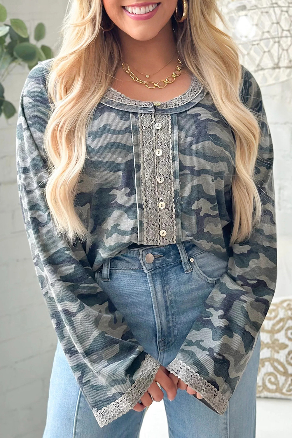 Green Camouflage Print Lace Patchwork Detail Button Long Sleeve Top