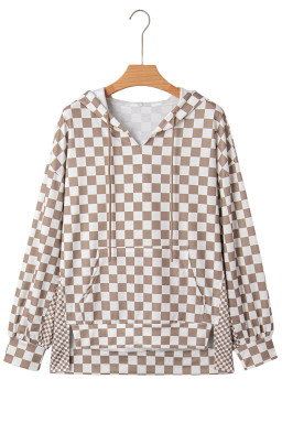 Khaki Double Checkered Patchwork Tie Neck Oversize Hoodie