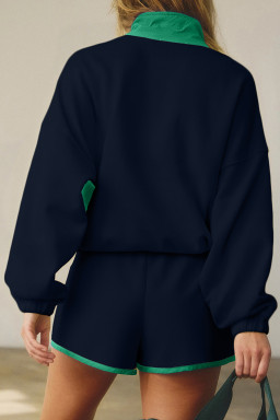 Navy Blue Colorblock Patchwork Half Button Pullover and Shorts Outfit