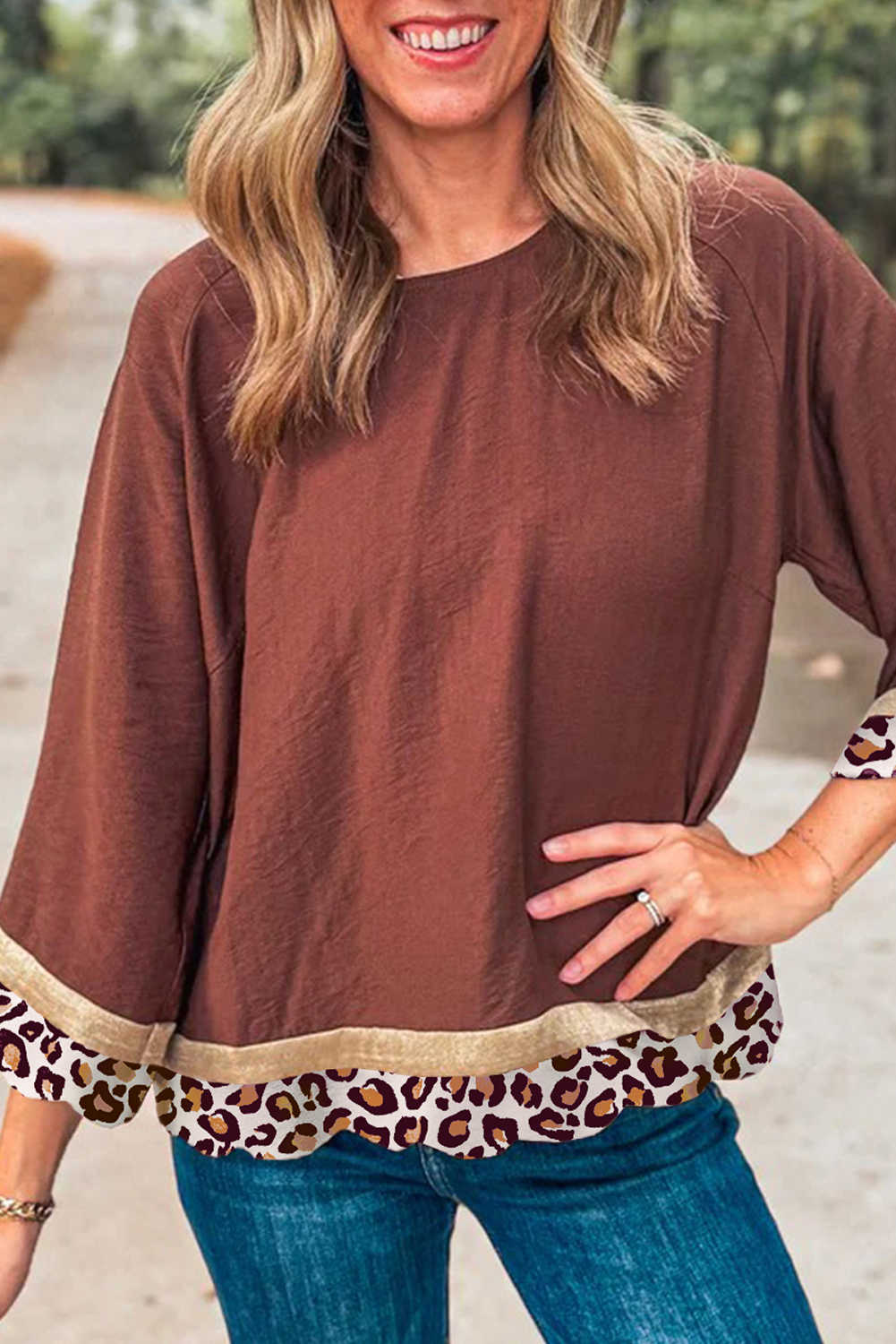 Clay Brown Leopard Detail Round Neck Long Sleeve Blouse