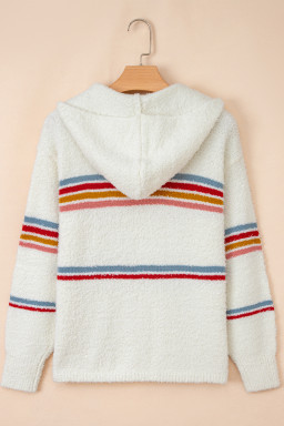 White Casual Striped Drop Sleeve Hooded Sweater