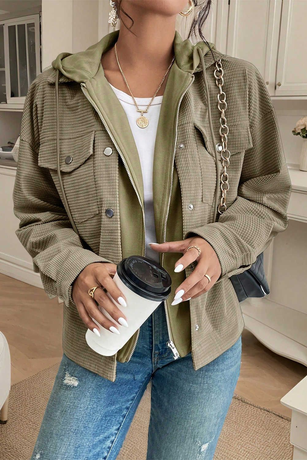 Laurel Green Solid Color Textured Patchwork Flap Pocket Shacket