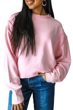 Pink Solid Color Exposed Seam Long Sleeve Top
