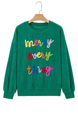Dark Green merry everything Letter Graphic Ribbed Loose Sweatshirt
