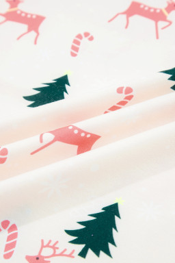 Pink Christmas Tree Reindeer Print Contrast Striped Trim Pajama Set