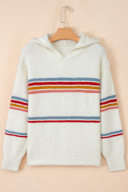 White Casual Striped Drop Sleeve Hooded Sweater