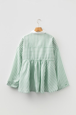 Green Striped Zipper Collar Long Sleeve Top