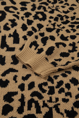 Light French Beige Leopard Round Neck Long Sleeve Sweater
