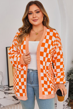 Orange Checkered Plus Size Drop Shoulder Knit Cardigan
