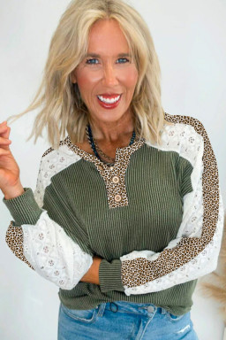 Vineyard Green Texture Patchwork Lace Sleeve Leopard Henley Top
