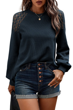 Real Teal Lace Patchwork Long Sleeve Textured Pullover