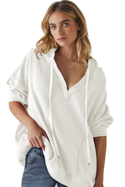 White Oversize Waffle Drop Shoulder Exposed Seam V Neck Hoodie