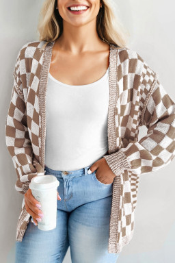 Brown Checkered Plus Size Drop Shoulder Knit Cardigan